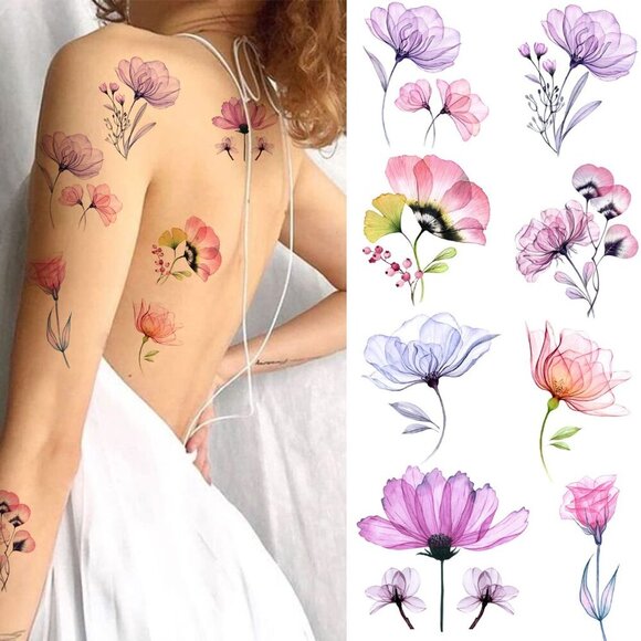 16 Sheets X-Ray Flower Temporary Tattoos for Women, Xray Watercolor Rose Lily Fl - Picture 4 of 7